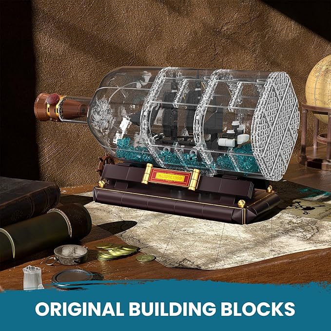 Mould King Ship in a Bottle Toy Building Sets, Black Pirate Ship in a Bottle Kit, Collectible Display Boat Model Set, STEM Project for Adults and Boys Kids Aged 8+ (778 Pieces) 10070