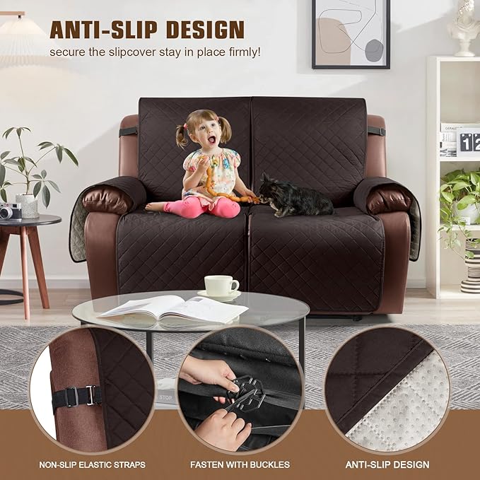 KinCam Waterproof Oversized Loveseat Recliner Cover, Non-Slip Reclining Couch Covers for 2 Seat, Recliner Sofa Cover Furniture Protector with Elastic Straps for Kids, Pets, Chocolate