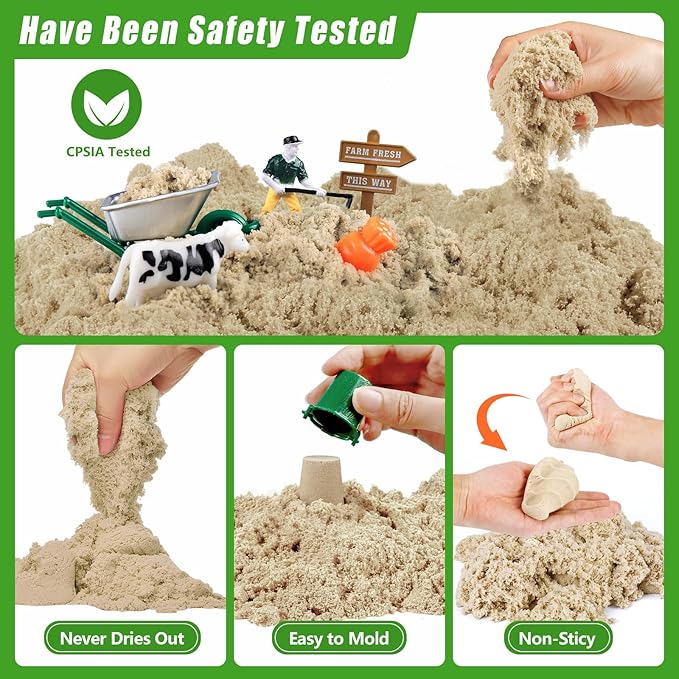 Farm Sensory Bin, Farm Toys & 2.2lbs Play Sand, Farm Animals, Farm Trucks, Sand Box with Lid, Christmas Birthday Gift for Kids Toddlers Ages 3 4 5 6 7 8