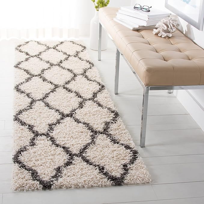 SAFAVIEH Dallas Shag Collection 2'3" x 8' Ivory / Dark Grey SGDS257H Trellis Non-Shedding Living Room Bedroom Dining Room Entryway Plush 1.5-inch Thick Runner Rug