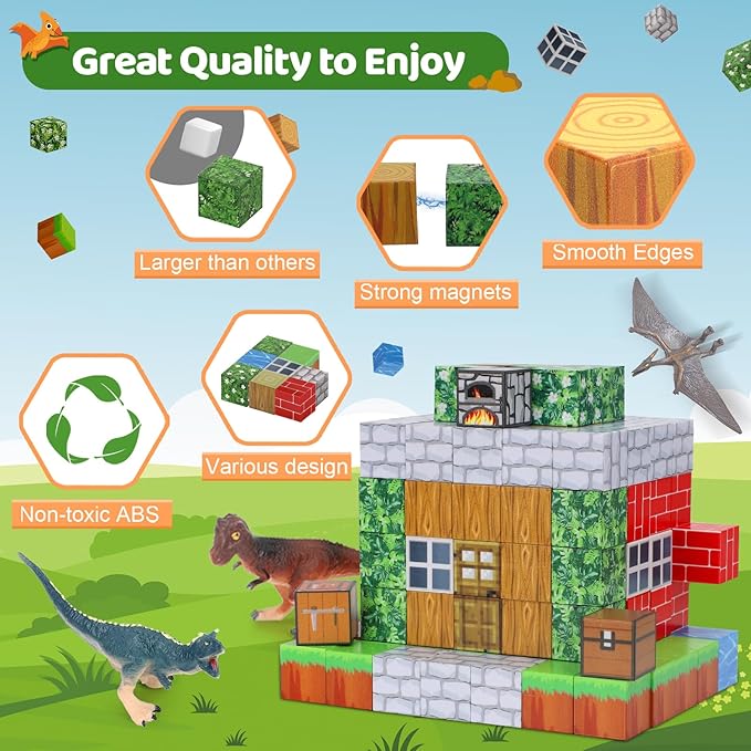 Magnetic Blocks 110PCS with 6 Dinosaur Toys, Building Blocks Set, Toys for Boys & Girls Age 4-6,6-8, Stacking Building Toys for Toddlers Kids 3+(Jungle & Dinosaur)