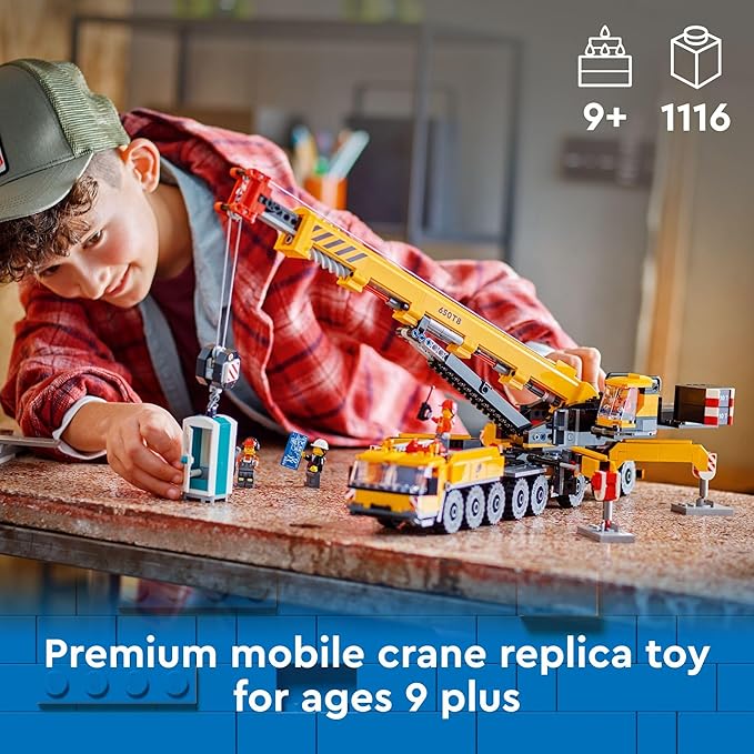 LEGO City Yellow Mobile Construction Crane Toy Set for Boys and Girls, Long Extendable Boom and 4 Worker Minifigures Included for Imaginative Role Play, Construction Toy Birthday Gift for Kids, 60409