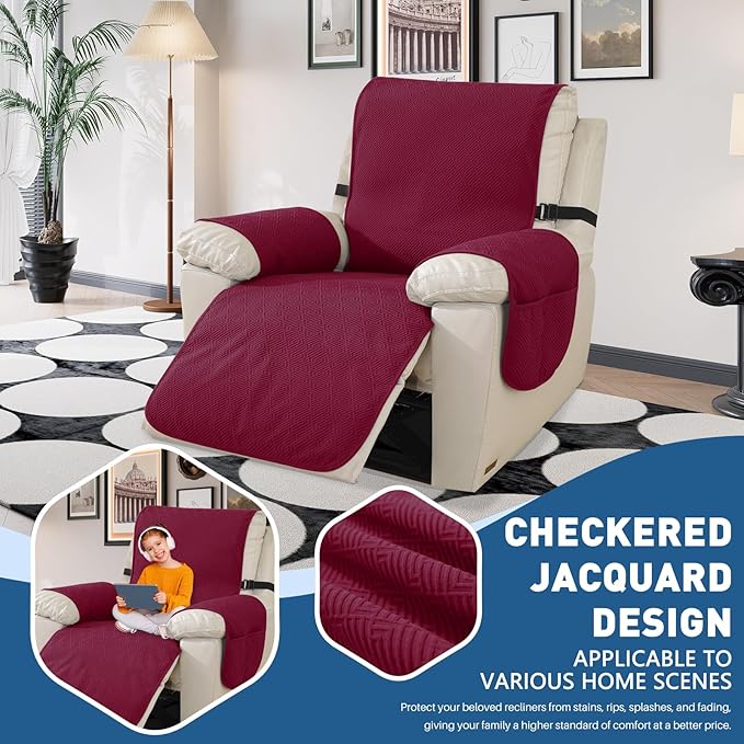 Easehomey Waterproof Recliner Chair Cover, Non-Slip Recliner Cover with Elastic Straps Two Pockets Slipcover Washable Oversized Reclining Chair Cover Furniture Protector for Kids,Pets (Wine Red, 28")