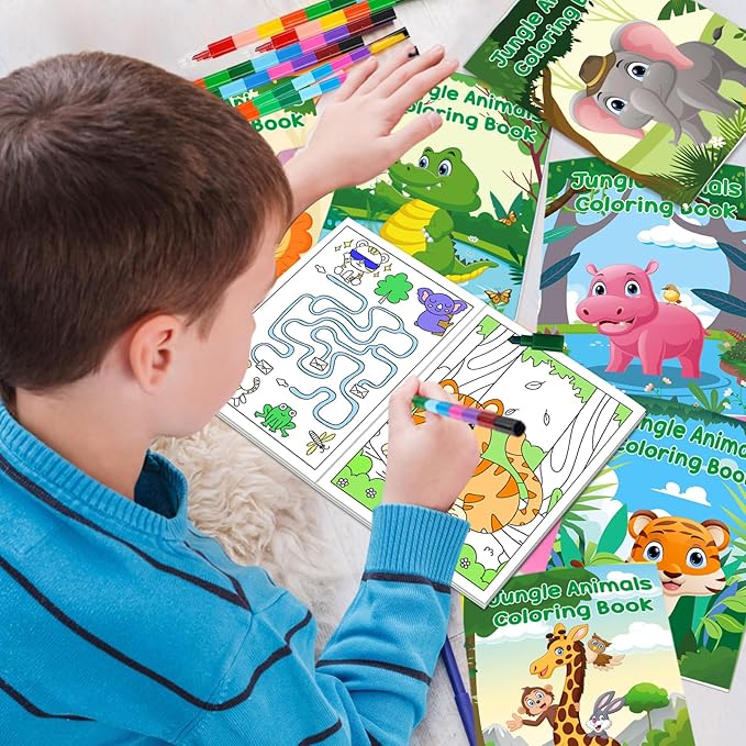 Lionoble 24Pcs Jungle Safari Animals Coloring Books for Kids with 24 Stacking Crayons Mini Coloring Book Party Favors Bulk Gifts Small Activity Books for Birthday Party Goodie Bags Stuffer Classroom