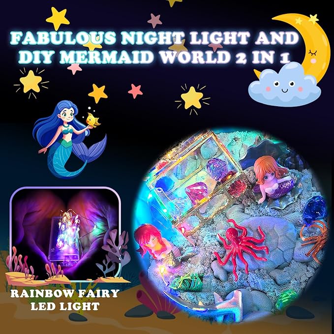 Mermaid Sensory Bin for Girl, Magic Sand Art Kit with LED Light, 2.2lbs Sensory Sand, Ocean Sea Animals, Sand Box with lid, Mermaid Toy Christmas Birthday Gift for Girls Ages 3 4 5 6 7 8…
