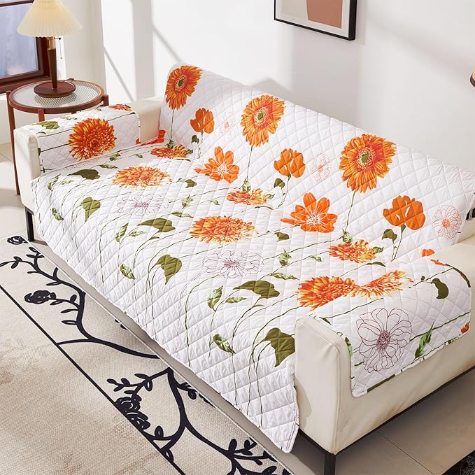 EVENHUG Loveseat Sofa Cover Sunflower Sofa Slipcover Washable Couch Cover 2 Cushion Sofa Furniture Protector Cover with Elastic Straps for Pets Kids Dog Cat (Loveseat,Orange)