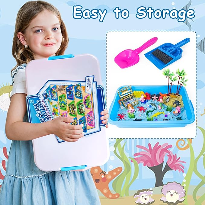 Sensory Bins, Ocean Mermaid Sensory Bin Toys Sand Box for Kids Ages 3 4 5 6 7 8 9 Include 2.64lbs Magic Sand, 6 Castle Mould, 4 Mermaids, 30 Sea Animals- Toddlers Play Sand Art Kits