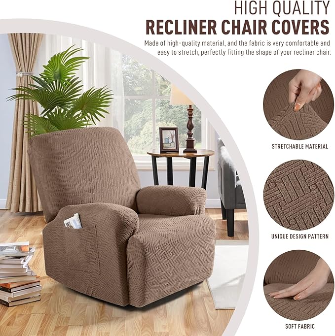 KinCam Oversized Recliner Chair Covers, Stretch Reclining Chair Covers for Large Recliner, Stripe Jacquard Recliner Covers Furniture Protector Covers with Elastic Bottom for Kids, Pets (Light Coffee)