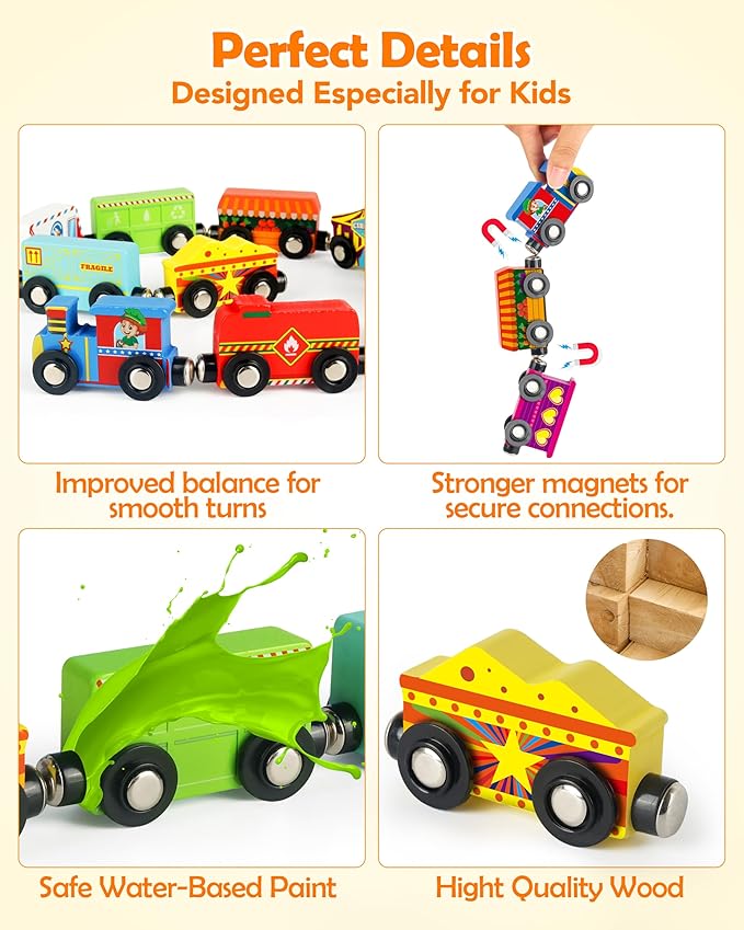 Vanmor Wooden Magnetic Train Set for Toddlers,10-Piece Educational Toy Cars with Magnets, Includes Storage Bag, Skill-Building Wooden Trains for Boys & Girls, for Kids 3-5 and 4-8 Years