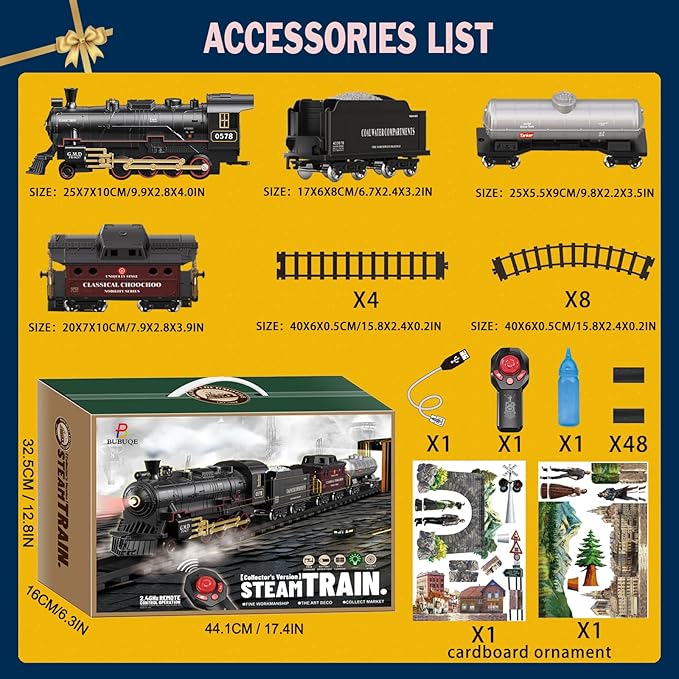 Electric Remote Control Train Set Christmas Trains Steam Locomotive, Cargo Car & Tracks, Rechargeable Train Toys for Kids w/3 Smoke,Whistle & Lights, Christmas Birthday Gift for Boys Girls 3 4 5 6 7