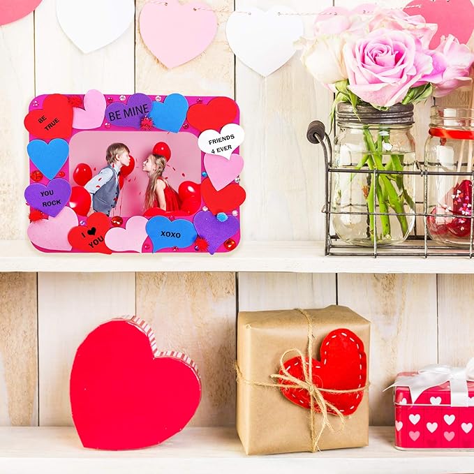 Winlyn 12 Sets Heart Picture Frames Decorations Valentine Crafts Kits DIY Heart Frames Art Sets Smile Hearts Foam Valentine Stickers for Kids Valentine's Day Party Classroom Activities Gift Exchange