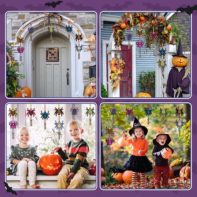 Fennoral 9 Pack Spider Wind Chime Kit for Kids Make You Own Spider Wind Chimes Wooden Arts and Crafts for Girls Boys DIY Coloring Halloween Hanging Ornaments Craft Activity Halloween Party Decorations