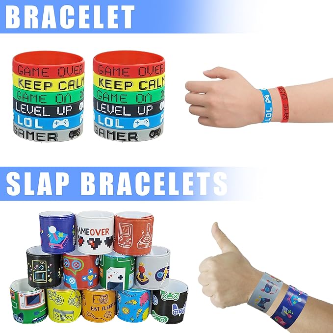 Video Game Party Favors Video Game Theme Keychain Stickers Chest Badge Bracelet Ring for Level Up Party Birthday Party Classroom Rewards Supplies (Multicolor)
