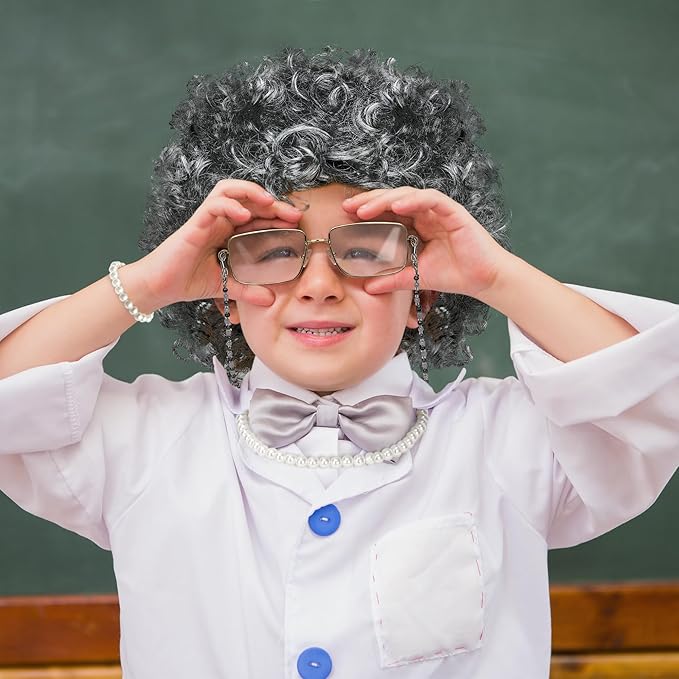 Old Lady Costume for Kids, 100th Day of School Cosplay Black White Curly Wig Glasses Wig Cap Necklace Bracelet Accessories