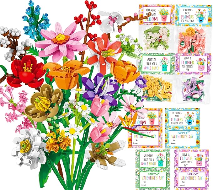 Valentines Day Gifts for Kids Teens, 24 Pack Flower Bouquet Building Blocks with Gift Cards for School Classroom, Bulk Boy Girl Class Valentine Party Favors Exchange Gifts Goodie Bags Stuffers