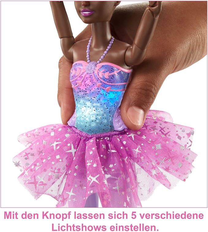 Barbie Dreamtopia Doll, Twinkle Lights Posable Ballerina with 5 Light-Up Shows, Sparkly Purple Tutu, Black Hair & Hair Accessory