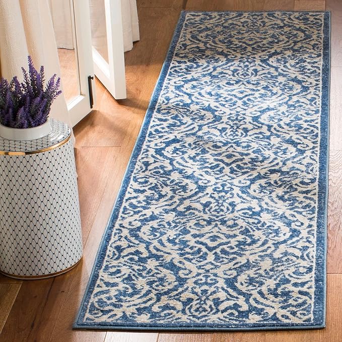 SAFAVIEH Brentwood Collection 2' x 12' Navy / Cream BNT810N Damask Non-Shedding Living Room Bedroom Runner Rug