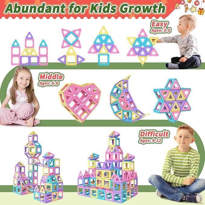 Rurvale Toddler Girl Toys, Magnetic Tiles Basic Set, Birthday Gifts Ideas for Girls Age 3-5, Magnetic Building Blocks, Magnet STEM Montessori Toddler Kids Toys Gifts for 3 4 5 6 7 Year Old Girls