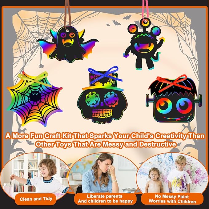 FEBSNOW Halloween Crafts for Kids, Magic Rainbow Halloween Scratch Art Paper Cards Halloween Tree Hanging Ornaments Halloween Gifts for Kids Holiday Party Favors Games (Halloween)