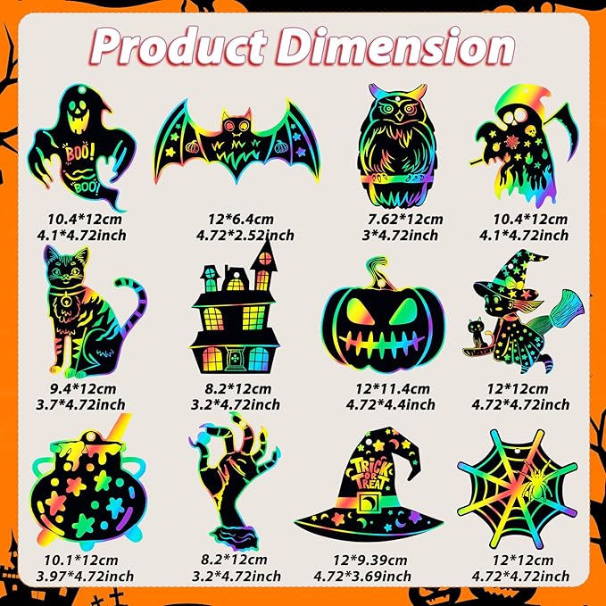 Halloween Scratch Paper Art Set - 48 Pcs Halloween 12 Design Magic Rainbow Scratch Off Cards for Kids, Hanging Ornaments for Halloween Party Favors Activities