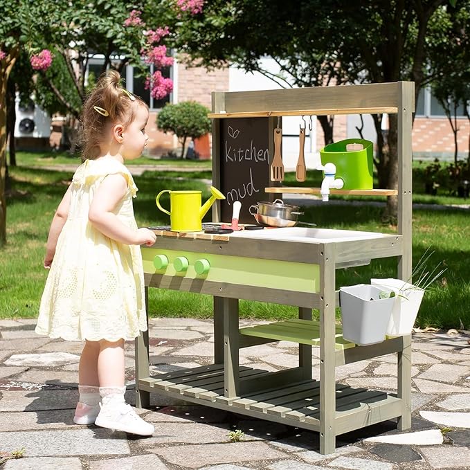 Giant bean Mud Kitchen Playset for Kids, Deluxe Wooden Toy Play Kitchen Set for Boys and Girls Ages 3-8 Indoor & Outdoor Activities, with Sand and Water Sink, Cookware Pots