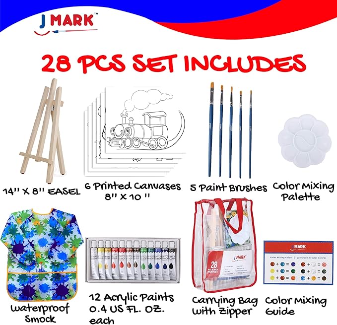 J MARK Kids Paint Set – Acrylic Kids Painting Kit – Storage Bag, Paints, Easel, Canvas, Brushes