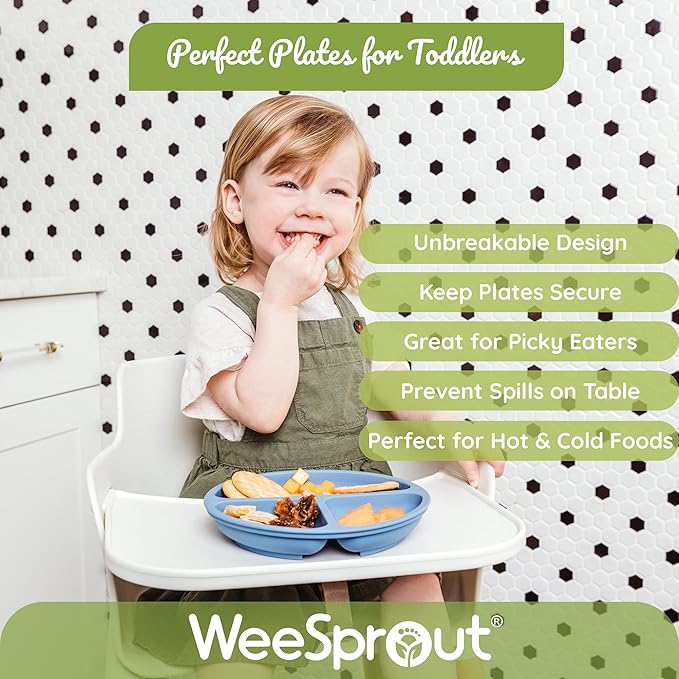 WeeSprout Suction Plates with Lids for Babies & Toddlers - 100% Silicone, Dinnerware Stays Put, Divided Design for Picky Eaters, Microwave & Dishwasher Friendly, 3 Pack