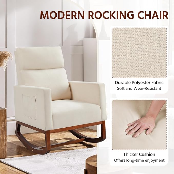 Yaheetech Rocking Chair, Modern Glider Chair, Recliner Armchair with Wood Legs and Side Pocket, Nursery Rocking Accent Chair with High Back for Living Room Bedroom, Beige