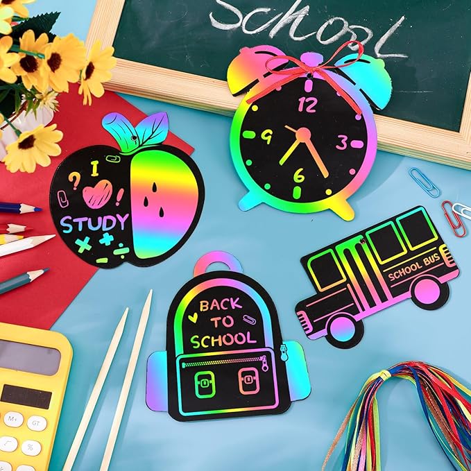 JULMELON 36 PCS Welcome Back to School Scratch Art for Kids, Back to School Crafts for Kids Rainbow Magic Scratch Paper Cards First Day of School Gifts for Students Classroom DIY Crafts Party Favors