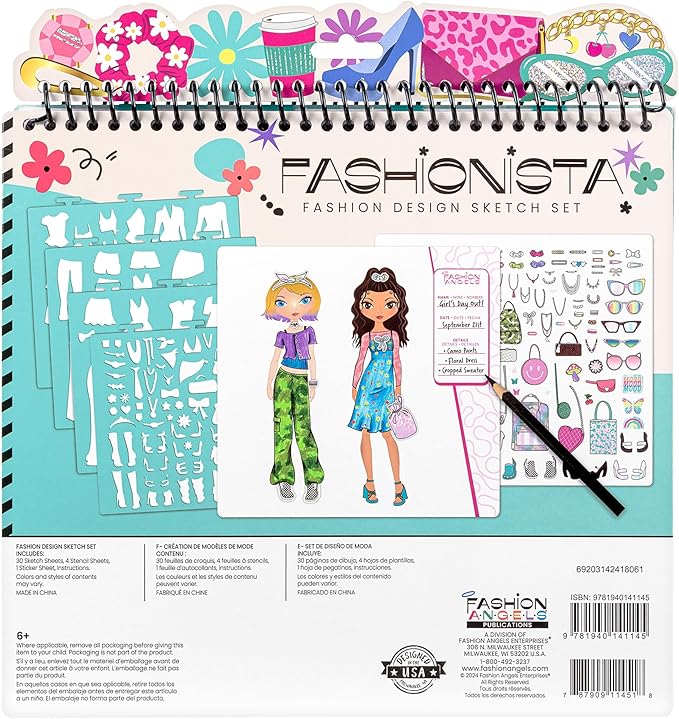 Fashion Angels Fashion Design Sketch Portfolio - Sketch Book for Beginners, Sketch Pad with Stencils and Stickers for Kids 6 and Up, Brown(Covers May Vary)