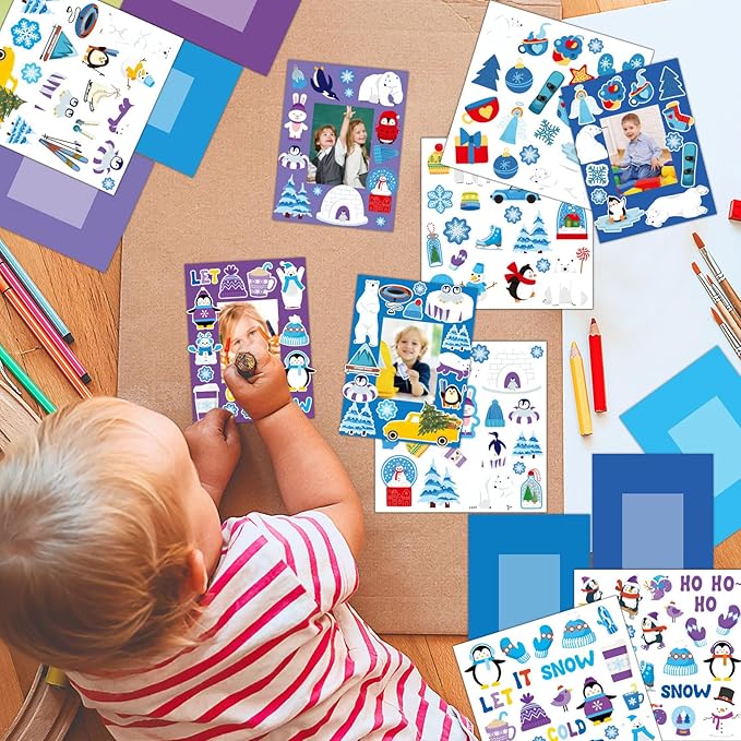 Qyeahkj 48 Pack Winter Craft for Kids Winter Picture Frame with Easel DIY Paper Arts Crafts Kit with Stand Christmas Holiday Xmas Photo Frames Bulks Game Activity for Kindergarten Preschool Boys Girls