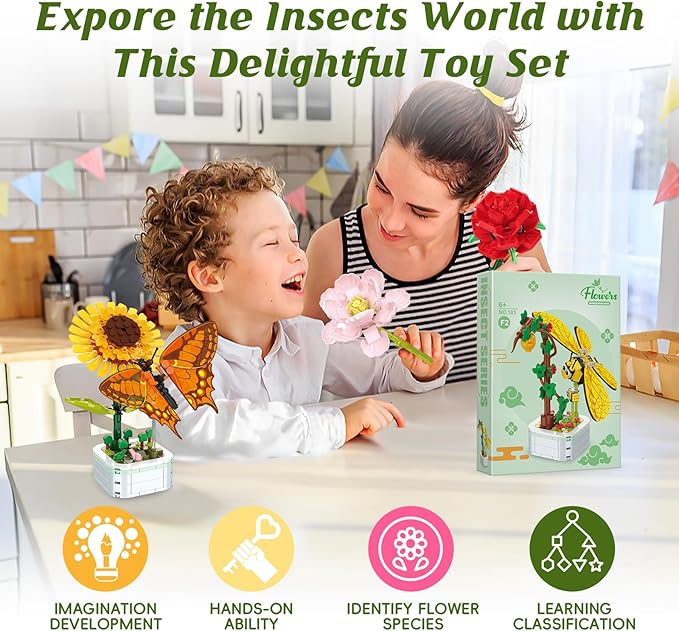 POKONBOY 6 Pack Flowers Building Set, Creative Flower Building Toys Bonsai Building Kits Botanical Collection for Home Room Decor Christmas Birthday Gift for Girls Boys Aged 6 and Up