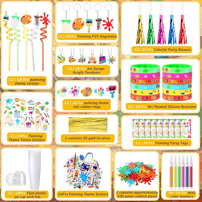 Tondiamo 206 Pcs Art Paint Party Favors Include Gift Cup Plastic Straw Color Pen Keychain Pendant Bracelet Ring Temporary Tattoo Party Blower Card Splatter Confetti for School Reward Birthday Party