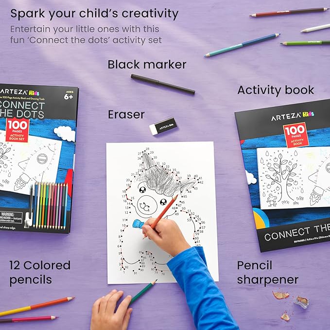 Arteza Kids Activity Book, Dot to Dot Coloring Book, 8.5 x 11 Inches, Back to School Supplies for Ages 6 and Up, 50 Sheets, 12 Double-Ended Colored Pencils, Black Marker, Eraser, Pencil Sharpener