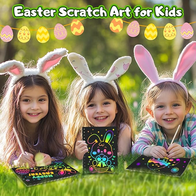 Easter Crafts for Kids Party Favors: 24 Pack Easter Rainbow Scratch Art Notebook Bulk Easter Basket Stuffers for Kids Activities Girls Boys Easter Crafts Gifts for Classroom Prizes Gifts