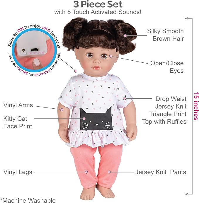 Adora My Cuddle & Coo Babies Collection, 15" Baby Doll with Sweet Powder Scent and 5 Touch Activated Sounds: She Cries, Coos, Giggles, Kisses Back & Says Momma Birthday Gift For Ages 3+ - Kitty Kisses