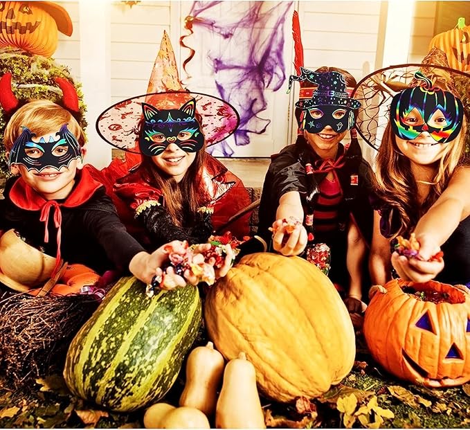 Max Fun 36PCS Halloween Rainbow Scratch Mask, Art Craft Kit for Kids Birthday Cosplay Classroom Decoration, Magic Scratch Paper Halloween Party Favor Supplies Bat Witch Pumpkin Zombie Pirate Skull