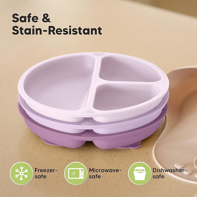 KeaBabies Suction Plates for Baby, Toddler - 3-Pack 100% Silicone Toddler Plates, Divided Baby Plates with Suction, Silicone Plates for Baby, Kids, BPA-Free, Microwave, Dishwasher Safe (Amethyst)