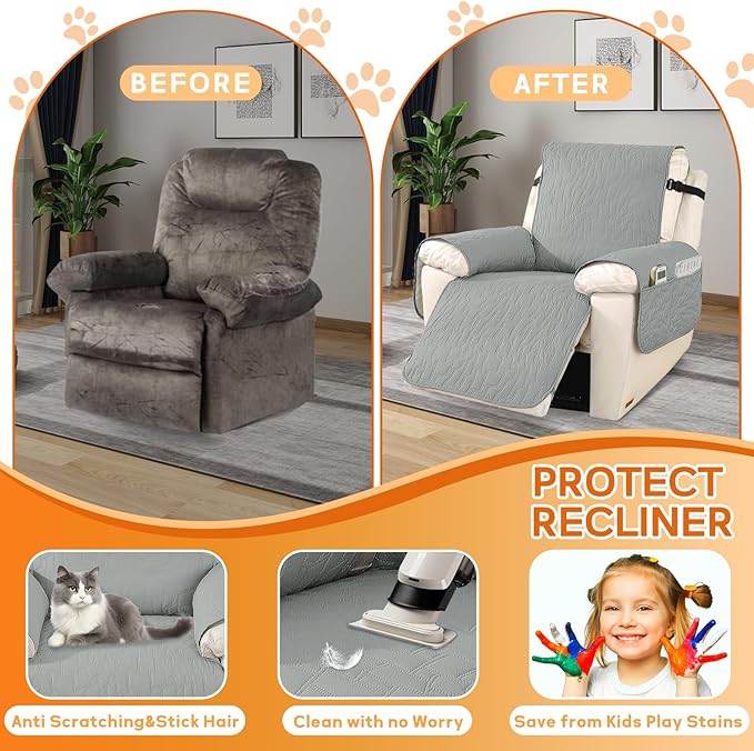 XINEAGE 100% Waterproof Recliner Chair Covers with Elastic Straps, Nonslip Reclining Couch Covers Washable Recliner Couch Cover with Pockets Furniture Protector for Pets Dogs (Light Gray, 25")