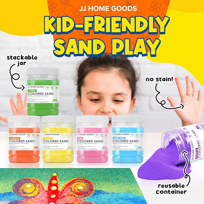 JJ CARE Colored Sand, 11 lbs. [10 Bottles] Craft Sand Art Kit for Kids 3 Years Above, Non-Toxic Color Sand Art Bulk, UV Stable Colorful Sand for Crafts, Wedding & Decorations, Kids Art Sand