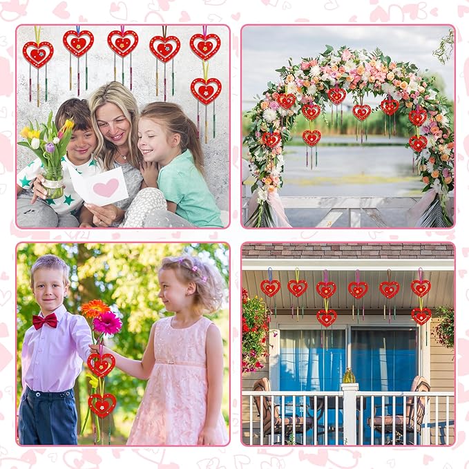 Fennoral 9 Pack Heart Wind Chime Kit for Kids Make You Own Red Heart Wind Chimes Valentine's Day Wooden Ornaments for Kids Art and Craft Valentine's Day Gifts Party Decoration