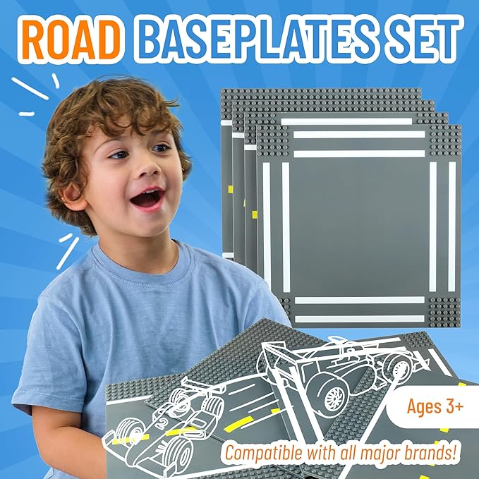 Strictly Briks Compatible with Lego Building Blocks Road Plates 10" x 10", 4 Pack Brick Baseplates for City Road, Street, Race Track, Classic Size (2 Straight + 1 Curved + 1 Intersection)