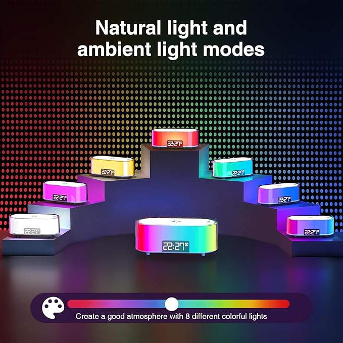 Sunrise Alarm Clock with Simulation, Wake Up Light for Heavy Sleepers, Wireless Charging, Dual Alarms, Sleep Aid & Snooze, 7 Natural Sounds, 8 Night Light, Ideal for Kids Bedroom Gift