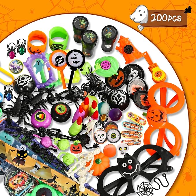 MGparty 200 Pcs Halloween Party Favors Bulk For Kids and Adult, Halloween Party Favors Prizes Box Toy Assortment, Carnival Game Prizes,Treasure Box Toys for Classroom,Birthday Gifts,Fidget Toys