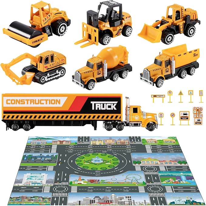 TEMI Diecast Engineering Construction Vehicle Toy Set w/Play Mat,Truck Carrier, Forklift, Bulldozer, Excavator,Dump Truck, Alloy Metal Car Toys Set for 3 4 5 6 Years Old Toddlers Kids Boys & Girls