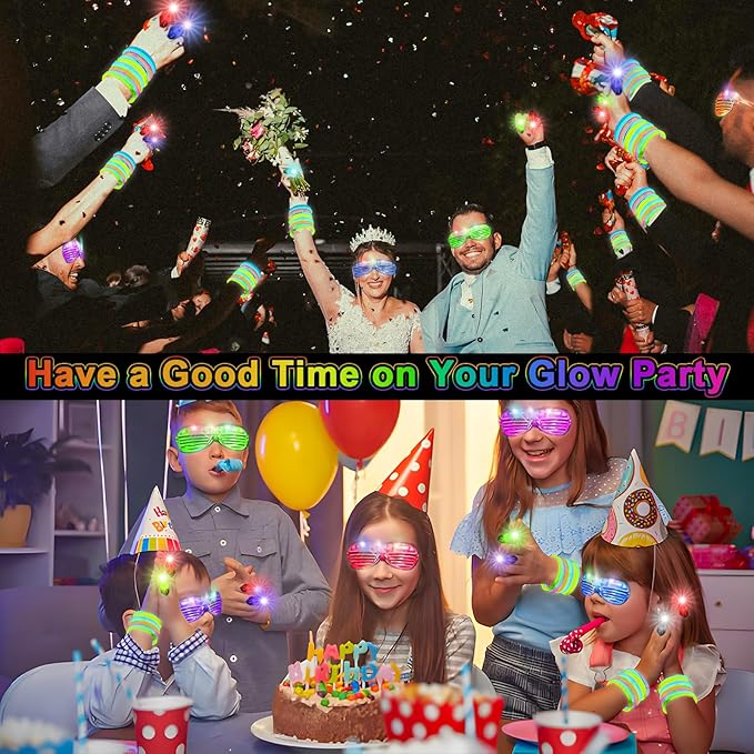 170 PCS Glow in The Dark Party Supplies,100 Glow Sticks, 30 LED Glasses and 40 Finger Lights, Light Up Party Favors for Wedding, Birthday, Concert, Raves, New Year