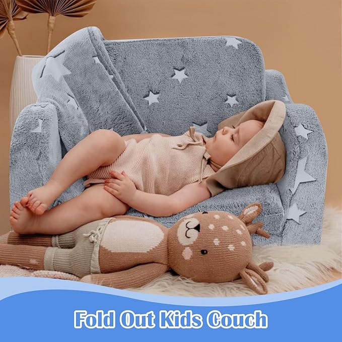 MeMoreCool Convertible Kids Sofa Chair with Blanket, Fold-Out Lounger for Playroom, Toddler Sofa for Girls and Boys (Glowing Star)