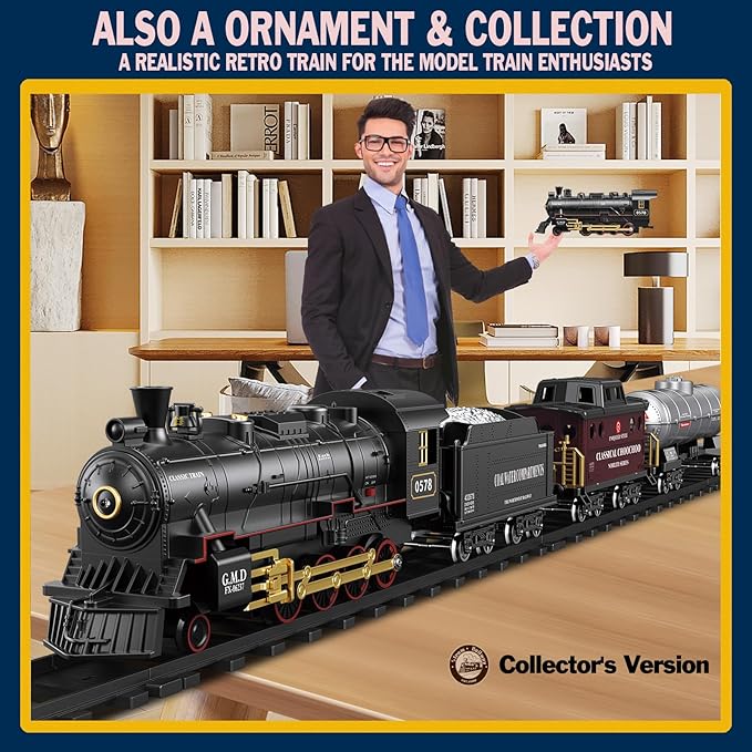 Electric Remote Control Train Set Christmas Trains Steam Locomotive, Cargo Car & Tracks, Rechargeable Train Toys for Kids w/3 Smoke,Whistle & Lights, Christmas Birthday Gift for Boys Girls 3 4 5 6 7