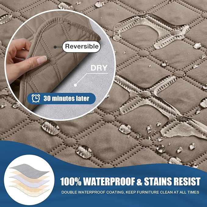 TAOCOCO 100% Waterproof Recliner Covers, Recliner Sofa Covers with Leg Straps, Reversible Recliner Couch Cover for Reclining Chair, Washable Couch Protector for Pets Kids(3 Seater, Khaki)