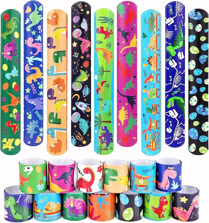 Viicoor 24 PCS Slap Bracelets Dinosaur Snap Bracelet Wrisrtband for Party Favors School Prizes Birthday Gifts Party Favors Bulk (10-Dinosaurs-24PCS)